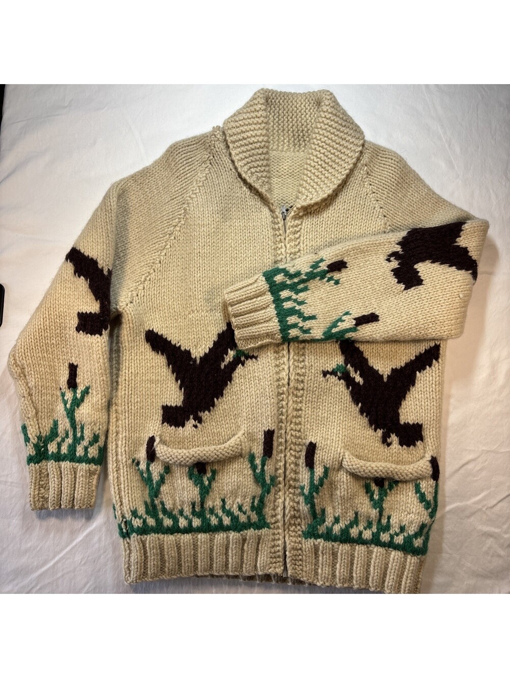 Vintage 50’s Hand Knitted Cowichan Style Mallard Duck Hunting Wool Zip Cardigan
